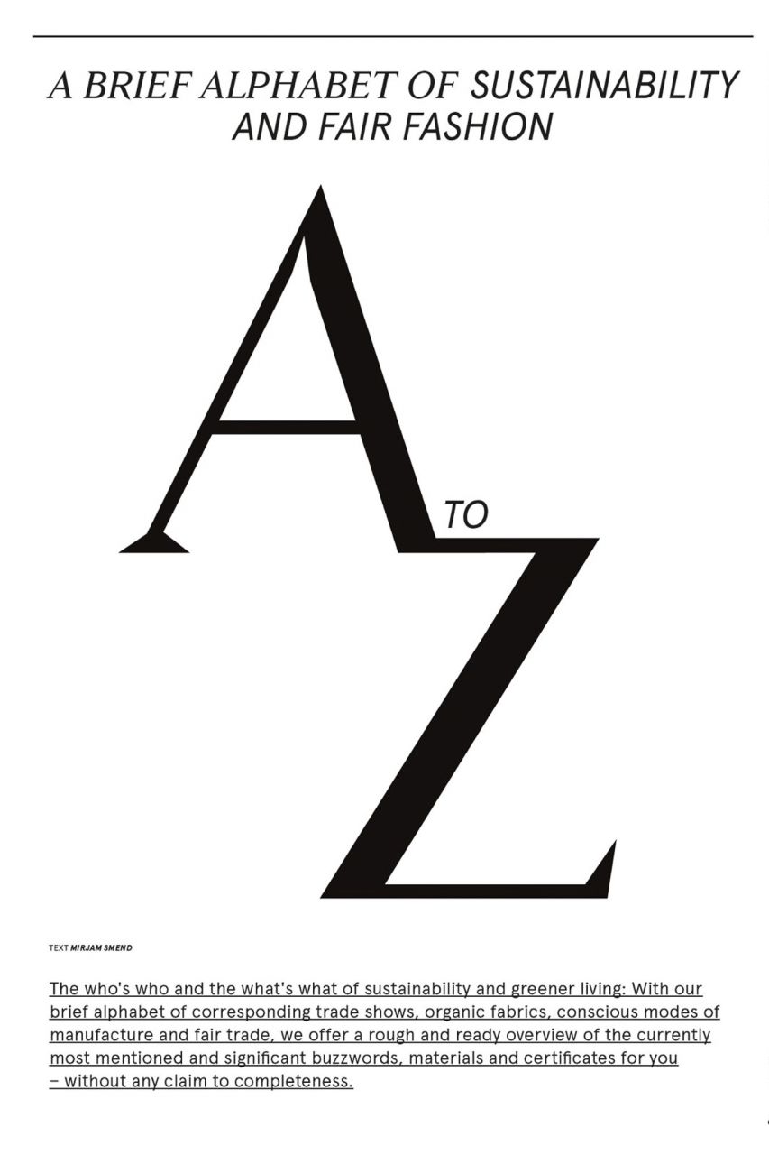 J’N’C Magazin Typografische Grafik mit dem Titel „A Brief Alphabet of Sustainability and Fair Fashion“, dargestellt als A-bis-Z-Motiv
